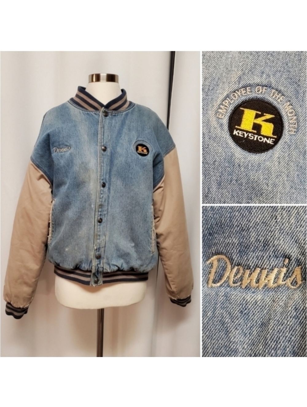 Vintage Dennis Keystone Employee of the Month Varsity Bomber Jacket 2 Tone Denim